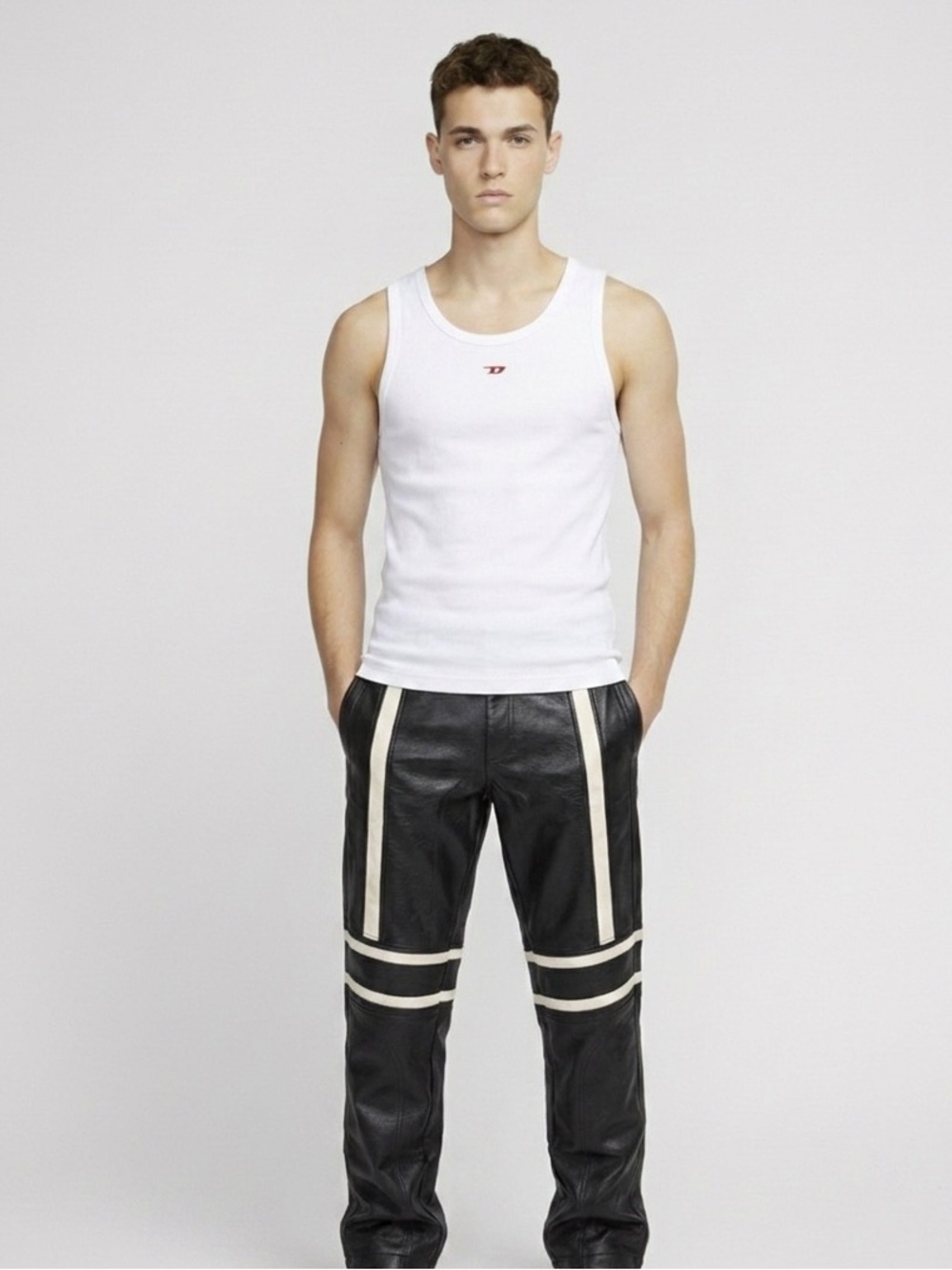 Forever 21 Black Faux Leather Pants with Cream Racing Stripes
